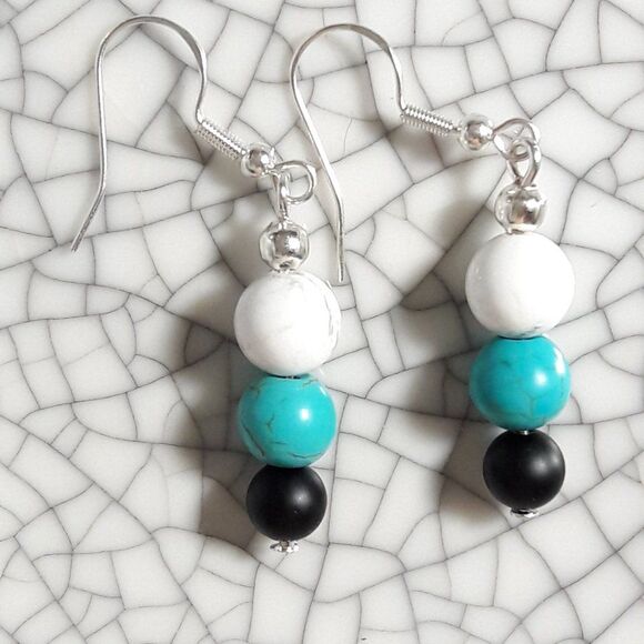 Boho Earrings  092# Onyx Howlite gemstones color block white black sky blue 925 - Picture 5 of 5